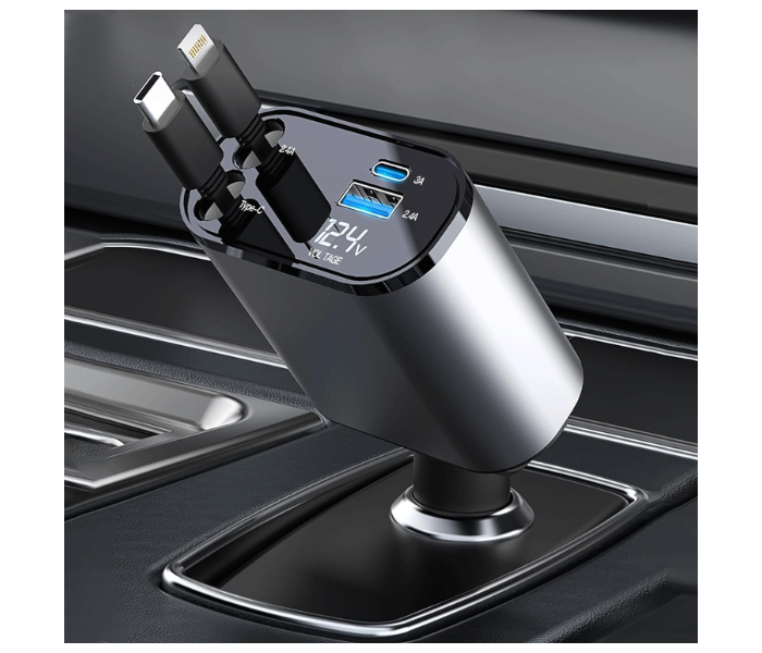 4 in 1 Retractable Car Charger, Fast Charging Car Charger 60W, Retractable Cable and 2 USB Ports Car Charger Adapter Compatible with Lightning and Type-C | JPN7829