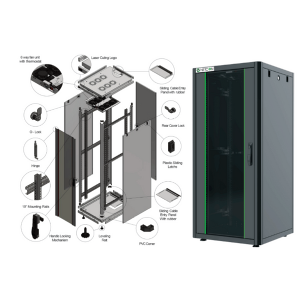 NETCON | 15U Floor Mount 600Wx800D Cabinet, Ffront Glass & 2 Rear Perforated Ddual Door, 2 Way Fan | NTF15U60802F