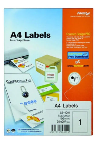 FORMTEC | Label 100 A4 size Bx=100 Sheet | FT-GS-1001