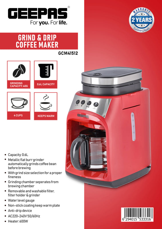 GEEPAS | Grinder & Drip Coffee Maker 0.6Ltr 4 Cups | GCM41512
