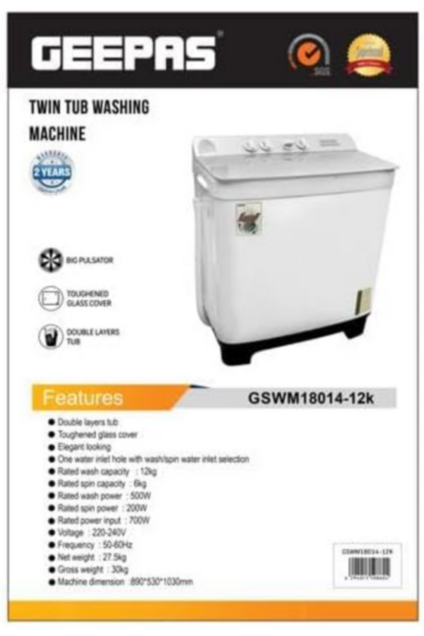 GEEPAS | 12 Kg Twin Tub Semi-Automatic Washing Machine | GSWM18014