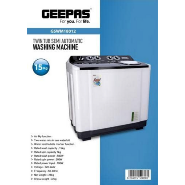 GEEPAS | 15 kg Twin Tub Semi-Automatic Washing Machine | GSWM18012