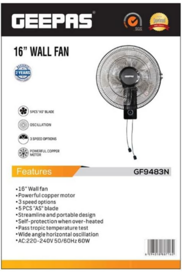 GEEPAS | 16" Wall Fan 3 Speed Settings With 2 Pull String Cords | GF9483