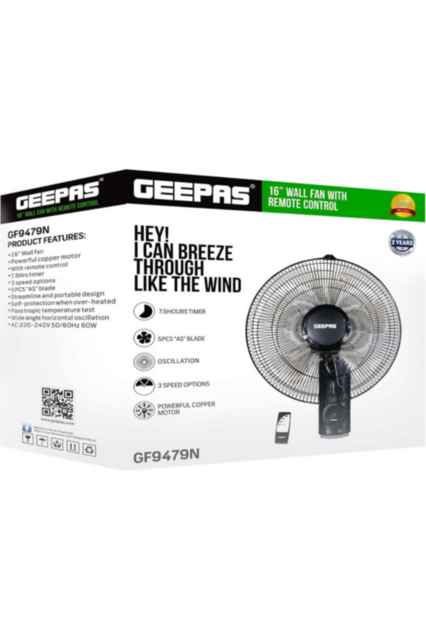 GEEPAS | 16" Wall Fan 60 Watts 3 Speed Settings With 7.5 Hours Timer | GF9479