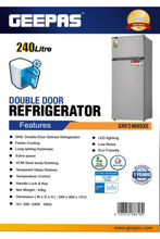 GEEPAS | 240 Liters Free Standing Durable Double Door Refrigerator | GRF2400SXE