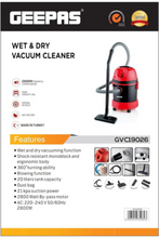 GEEPAS | 2800 Watts Dry & Wet Vacuum Cleaner 20 Liters Dust Bag Capacity | GVC19026