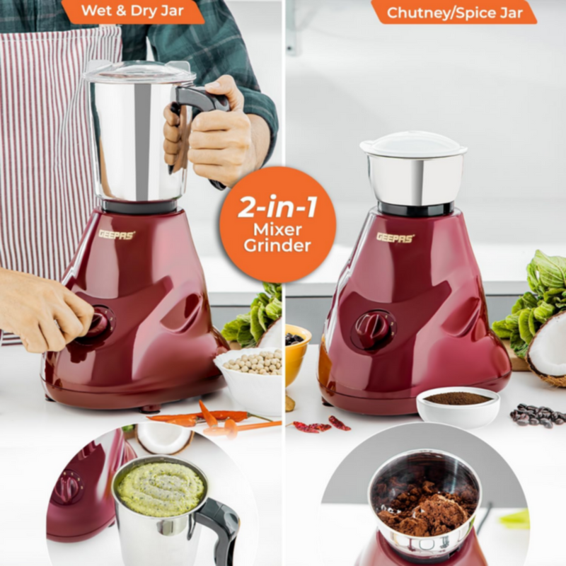 GEEPAS | 2 in 1 Mixer Grinder 550W Powerful Motor Stainless Steel Jars | GSB44091