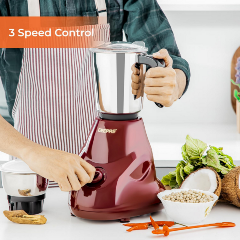 GEEPAS | 2 in 1 Mixer Grinder 550W Powerful Motor Stainless Steel Jars | GSB44091