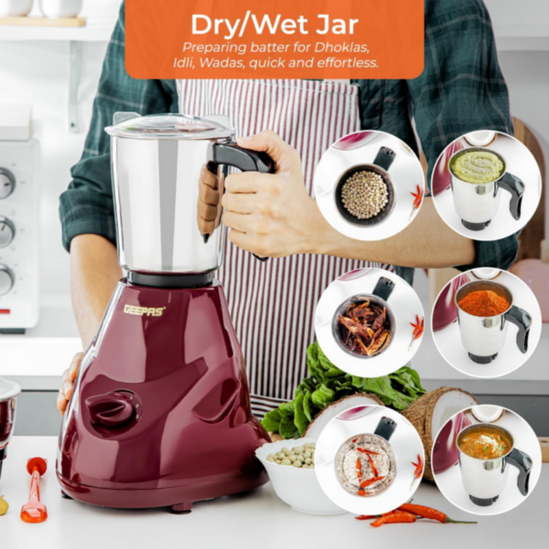 GEEPAS | 2 in 1 Mixer Grinder 550W Powerful Motor Stainless Steel Jars | GSB44091