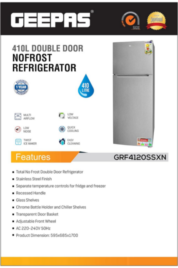 GEEPAS | 410 Liters Double Door Refrigerator With Double Temperature Setting Feature | GRF4120SSXN