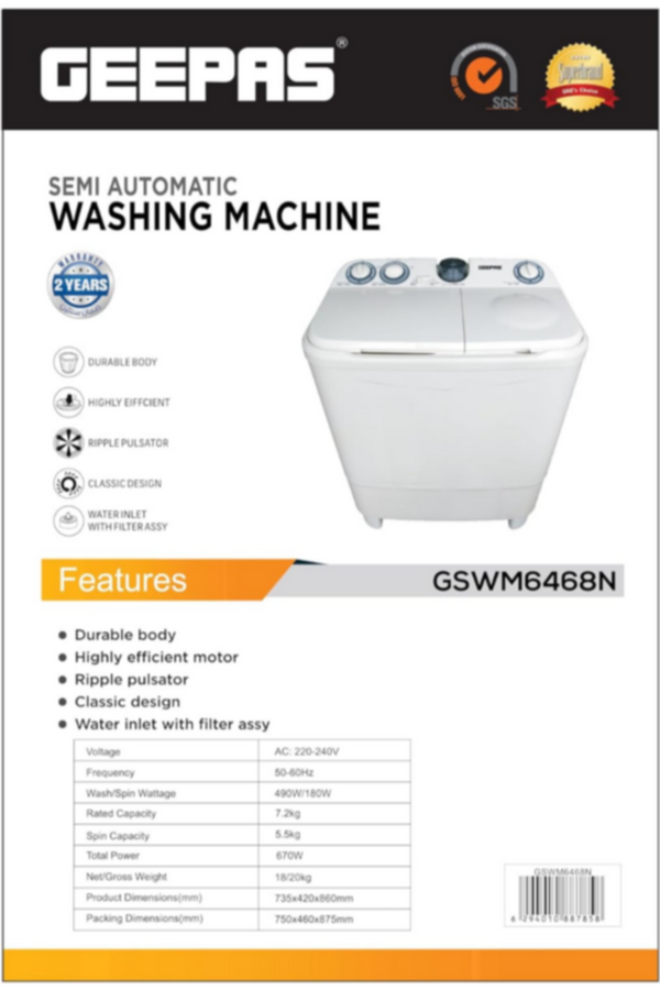 GEEPAS | 7.2 Kg Twin Tub Semi-Automatic Washing Machine | GSWM6468