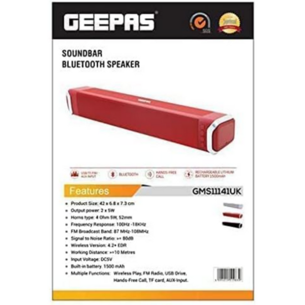 GEEPAS | Powerful Bass Bluetooth Speaker 1500mAh Battery | GMS11141UK
