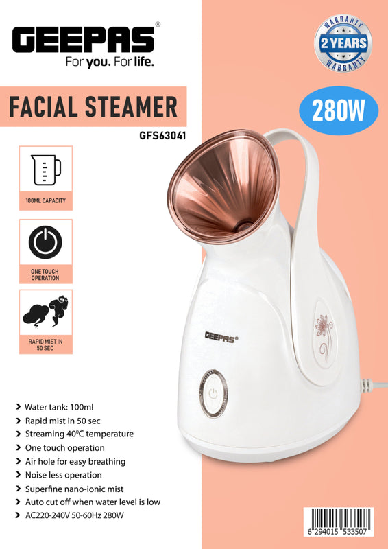 GEEPAS | Facial Steamer One Touch Operation 280W 100ml Capacity | GFS63041