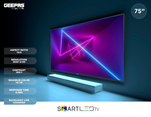 GEEPAS | 75" UHD 4K Smart LED TV / Wifi / Android 9.0 With E-Share | GLED7520SEUHD