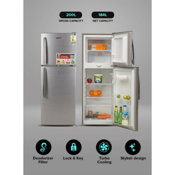 GEEPAS | 200Ltrs Double Door Refrigerator Defrost Silver | GRF2209SXE
