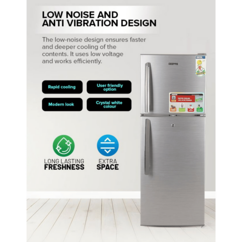 GEEPAS | 200Ltrs Double Door Refrigerator Defrost Silver | GRF2209SXE