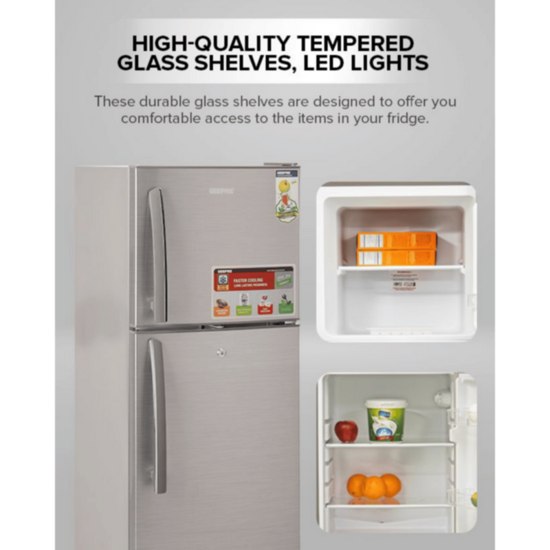 GEEPAS | 200Ltrs Double Door Refrigerator Defrost Silver | GRF2209SXE