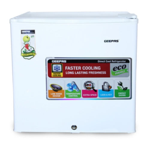 GEEPAS | 60L Mini Refrigerator Faster Cooling Door Lock & Key AC 220-240V 50Hz | GRF654WPEN