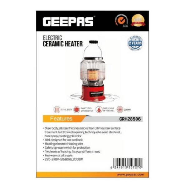 GEEPAS | Electric Ceramic Heater with 2 Level Heating Power 2000W Red | GRH28506