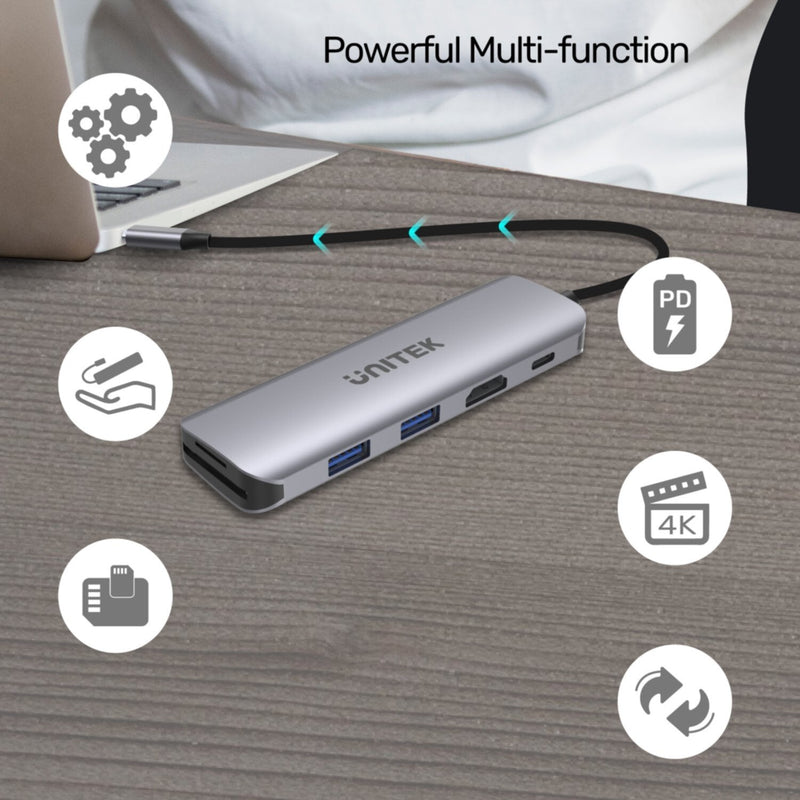 UNITEK |  6-in-1 USB3.1 Gen1 Type-C Hub (2-Port USB3.0 + Card Reader + HDMI + PD 100W), Space Grey | H1107D
