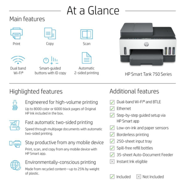 HP | Smart Tank 750 All in One Printer | 6UU47A