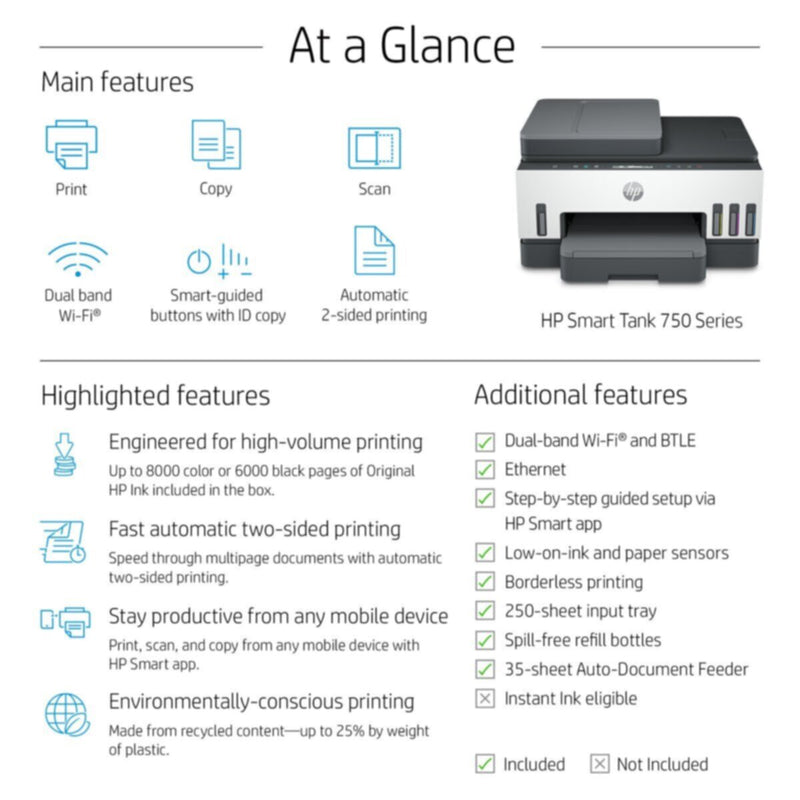 HP | Smart Tank 750 All in One Printer | 6UU47A
