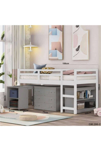 Low Study Twin Loft Bed With Cabinet And Rolling Portable Desk White | 286 2