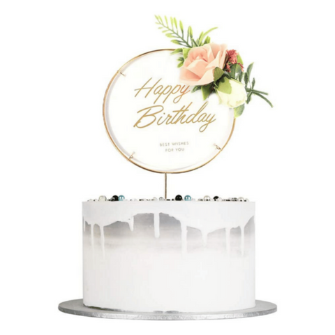 Happy Birthday Flower Cake Topper Decoration - Round | MGS-058