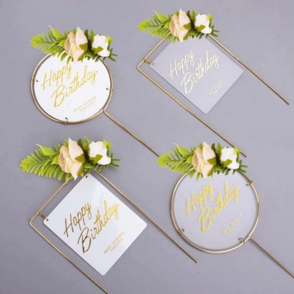 Happy Birthday Flower Cake Topper Decoration - Square | MGS-059