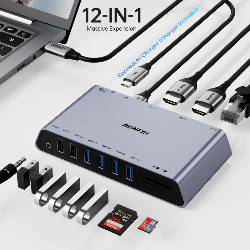 BENFEI | 12-in-1 USB Type-A USB Type-C Docking Station with Dual HDMI Display | 000347grey