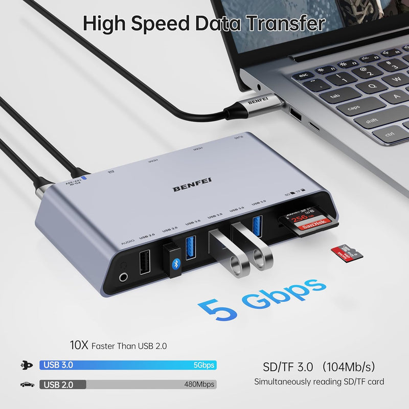 BENFEI | 12-in-1 USB Type-A USB Type-C Docking Station with Dual HDMI Display | 000347grey