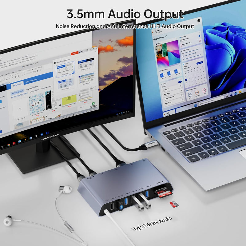 BENFEI | 12-in-1 USB Type-A USB Type-C Docking Station with Dual HDMI Display | 000347grey