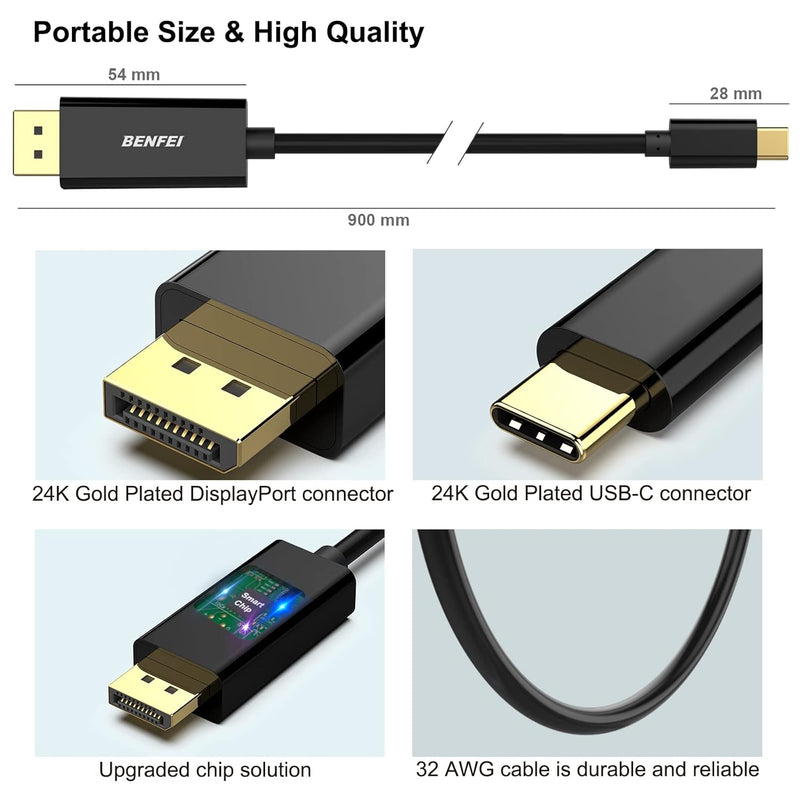 BENFEI | USB C to DisplayPort 3 Feet Cable | 000128black-3f