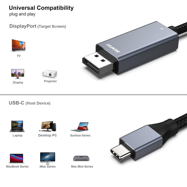 BENFEI | USB-C to DisplayPort 6 Feet Cable | 000207grey-3f-