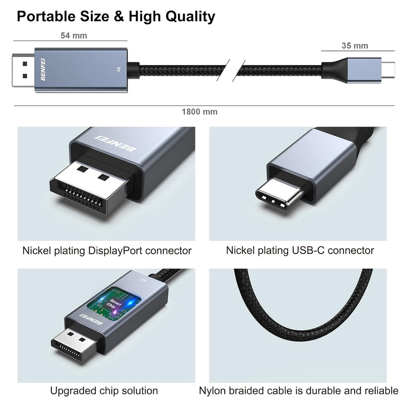 BENFEI | USB-C to DisplayPort 6 Feet Cable | 000207grey-3f-