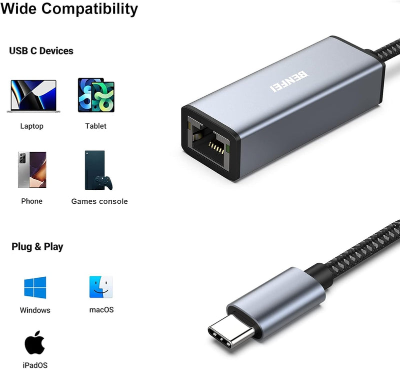 BENFEI | USB-C to Ethernet Adapter Thunderbolt 3/4 | 000269grey
