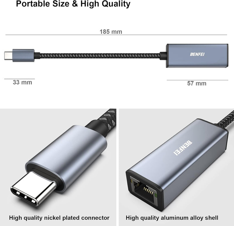 BENFEI | USB-C to Ethernet Adapter Thunderbolt 3/4 | 000269grey