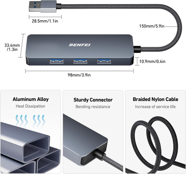 BENFEI | USB 3.0 Hub 4 Ports USB A Splitter | 000305grey