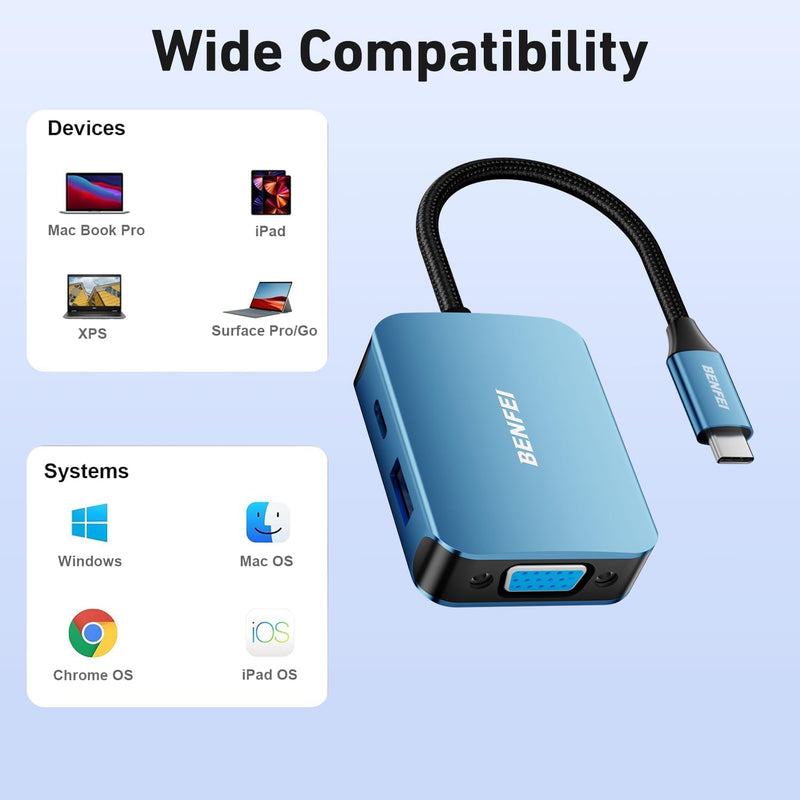BENFEI |  USB C HUB 4in1 USB Type-C to HDMI VGA Adapter | 000310blue