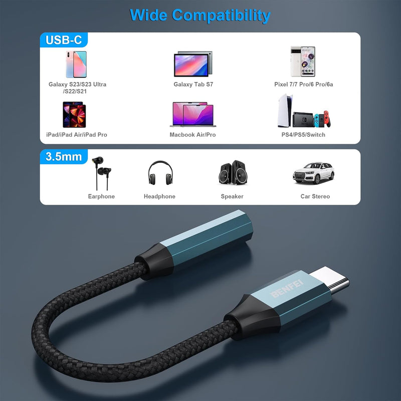 BENFEI | USB C to Audio Jack Adapter with DAC chipset USB-C to 3.5mm | 000349blue