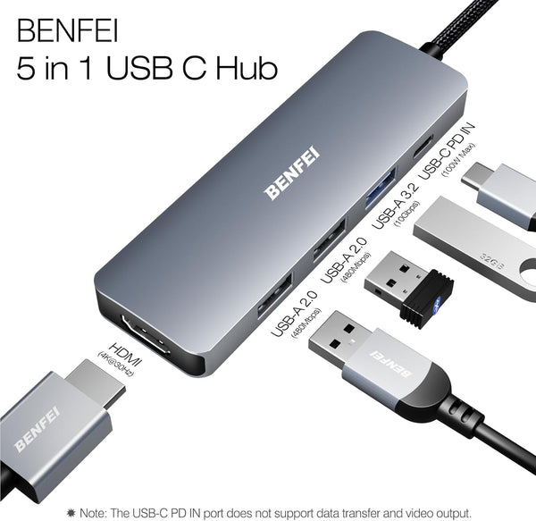 BENFEI | USB C Hub 5-in-1 with 4K HDMI Certified | 000360grey