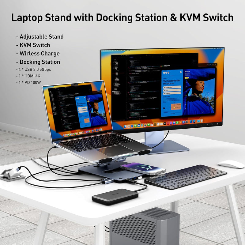 BENFEI |  Laptop Stand with USB C 6in1 Docking Station 15W Magnetic Wireless Charger | 000366grey