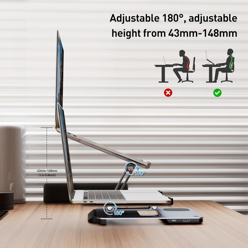 BENFEI |  Laptop Stand with USB C 6in1 Docking Station 15W Magnetic Wireless Charger | 000366grey