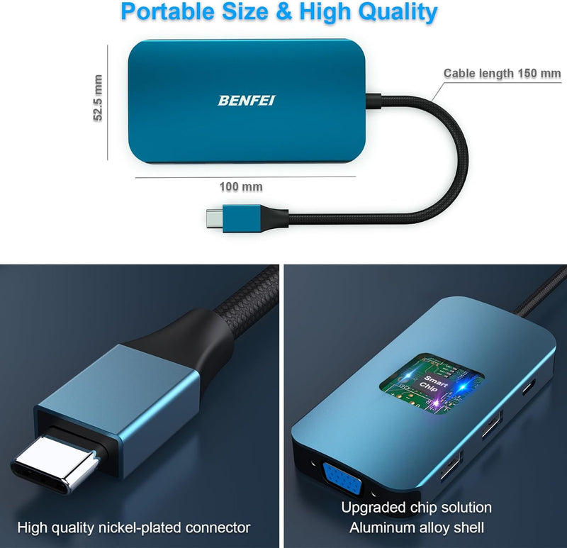 BENFEI | USB C MST HUB 8in1 with USB-C to 2 HDMI 1 VGA | 000335blue-N