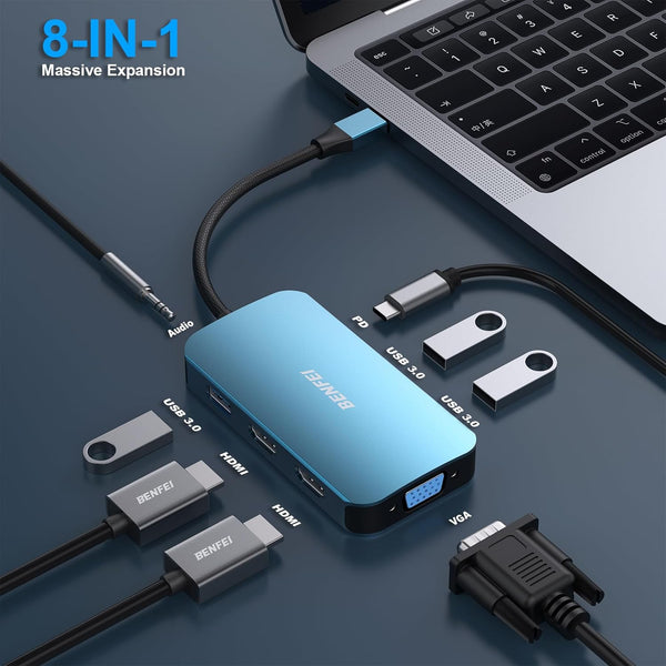 BENFEI | USB C MST HUB 8in1 with USB-C to 2 HDMI 1 VGA | 000335blue-N