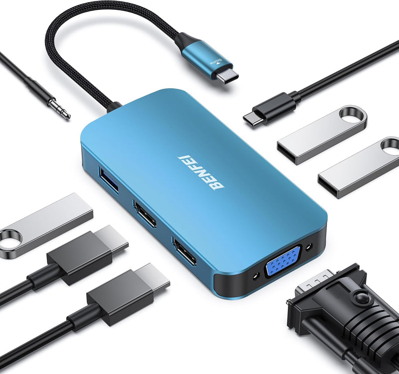 BENFEI | USB C MST HUB 8in1 with USB-C to 2 HDMI 1 VGA | 000335blue-N