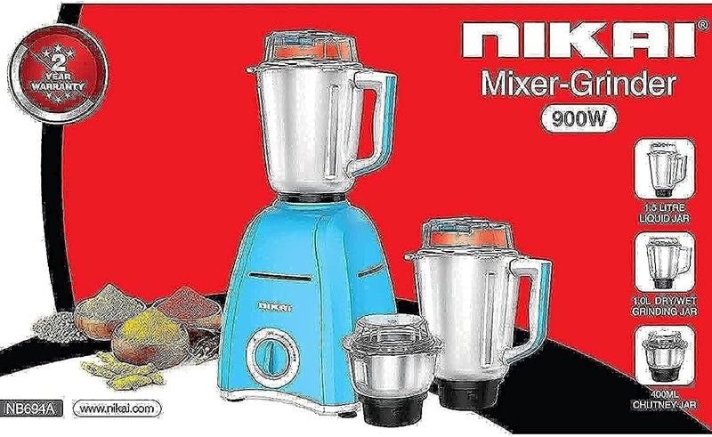 NIKAI | Mixer Grinder with 3 Jars 900W Blue/Silver| NB694A