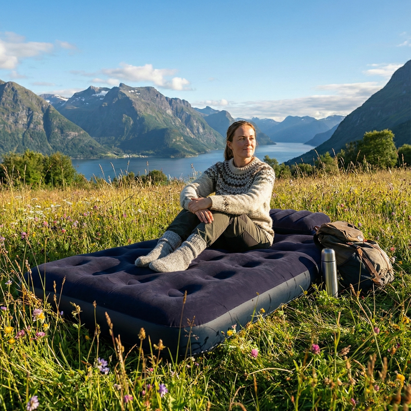 JILONG | Twin Navy Blue CloudCoil Flocked Air Mattress Set with Double Action Hand Pump | 24696
