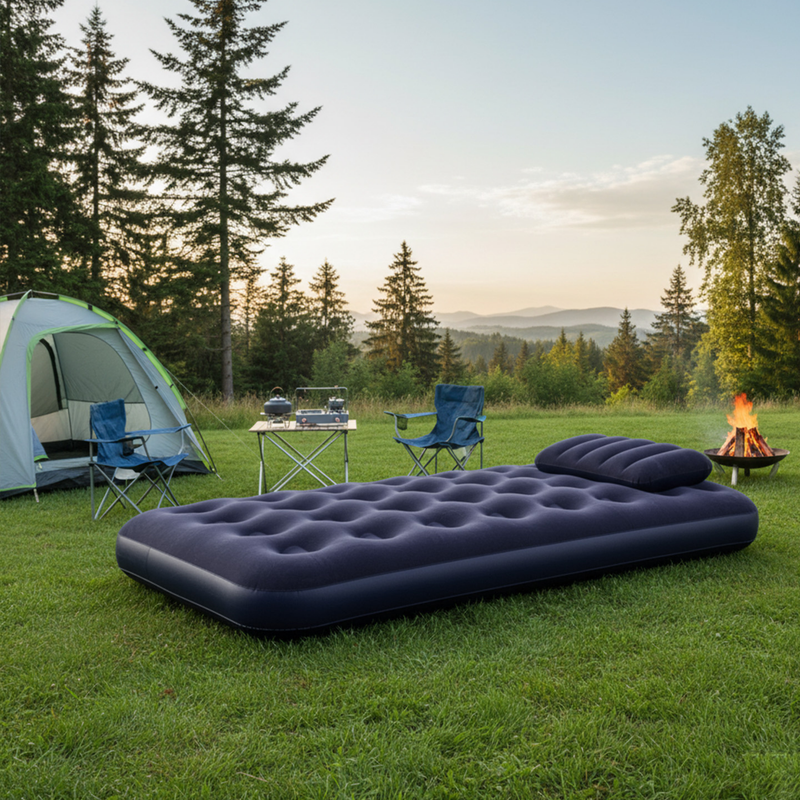 JILONG | Twin Navy Blue CloudCoil Flocked Air Mattress Set with Double Action Hand Pump | 24696
