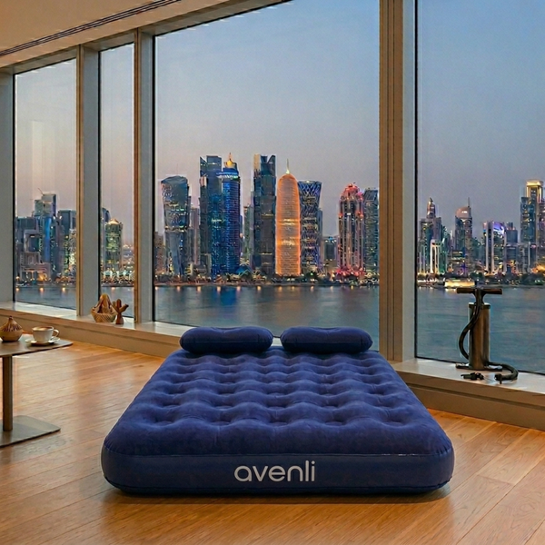 JILONG | Queen Navy Blue CloudCoil Flocked Air Mattress Set with Pillow and Double Action Hand Pump | 21470